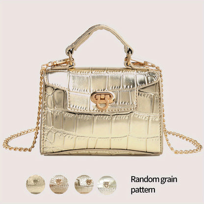 realaiot  Mini Croc Embossed Shoulder Bag, Solid Color Crossbody Bag With Chain Strap, Women's Buckle Decor Top Handle Purse (5.9*3.93*1.96) Inch