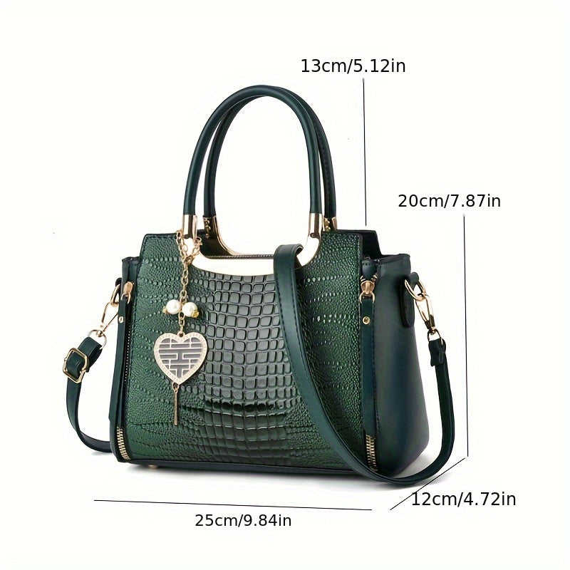 Heart Charms Decor Handbag, Stylish Crossbody Bag For Women, Elegant Glossy Satchel Purse