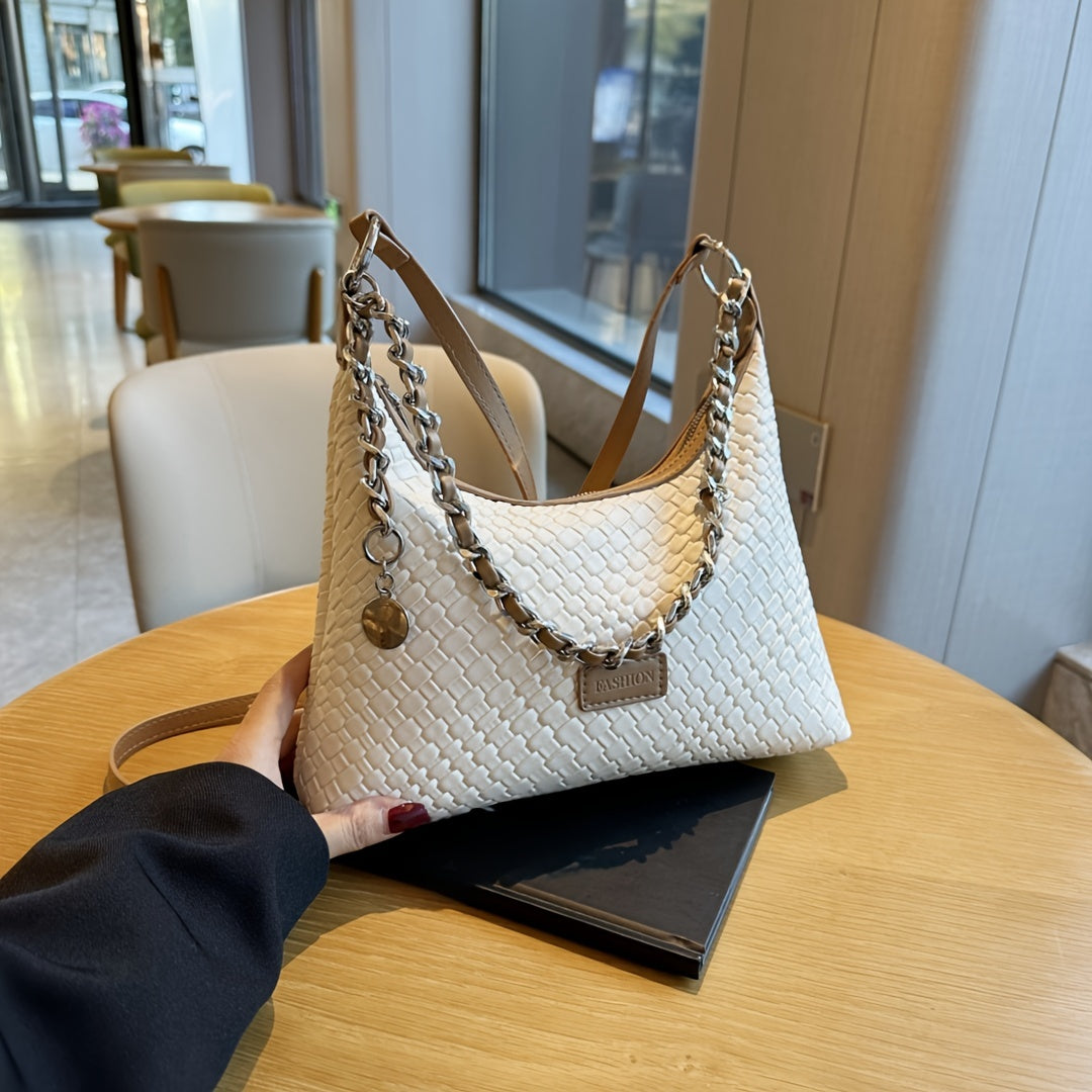 realaiot Elegant Solid Color Shoulder Bag, All-Match Geometric Pattern Chain Bag, Women's Classic Handbag