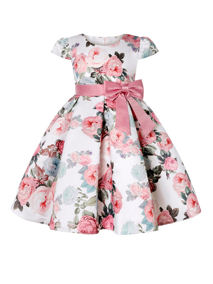 Elegant Floral Print Bowknot Princess Dress for Girls - Fit & Flare Midi with Lace-Up Detail