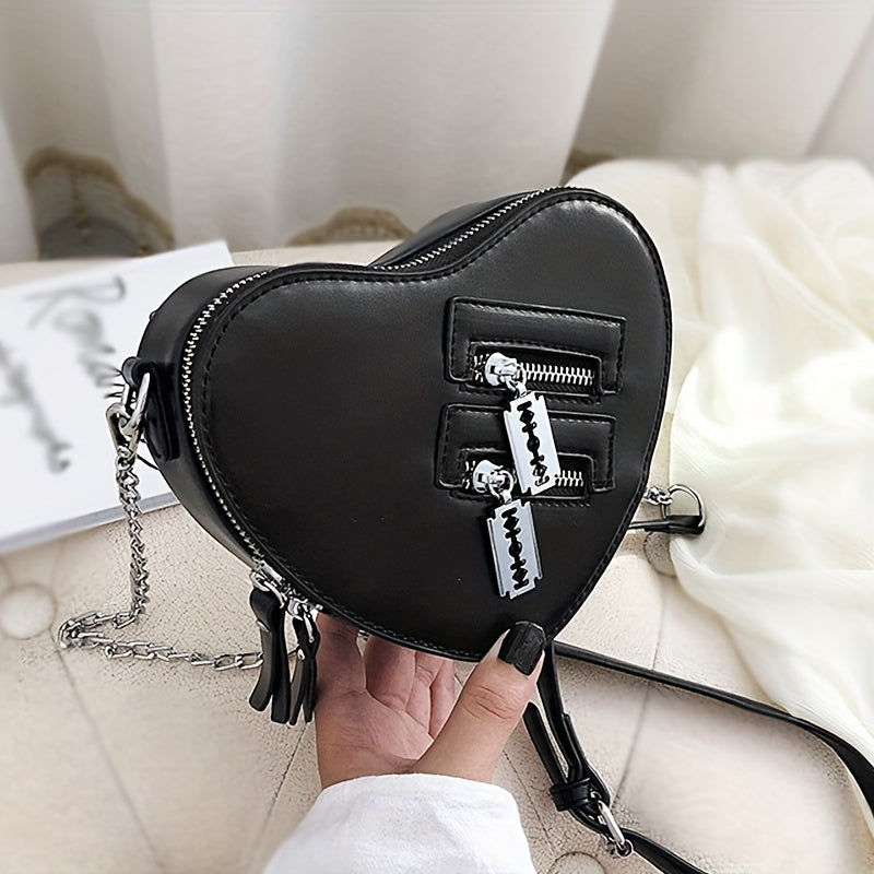 realaiot  Y2K Heart Crossbody Bag, Trendy Chain Shoulder Bag, Multi Zipper Decor Love Purse For Girls & Women