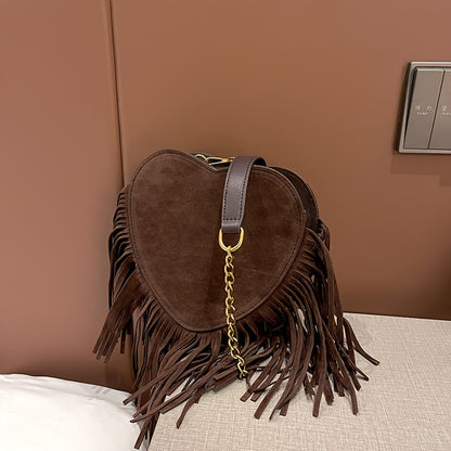 realaiot Tassel Heart Shaped Crossbody Bag, Vintage Chain Shoulder Bag, Bohemian Fringed Shoulder Bag For Women, Valentine's Day