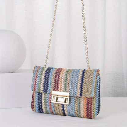 realaiot  Colorful Straw Woven Beach Bag, Fashion Chain Crossbody Bag, Women's Rainbow Design Square Purse