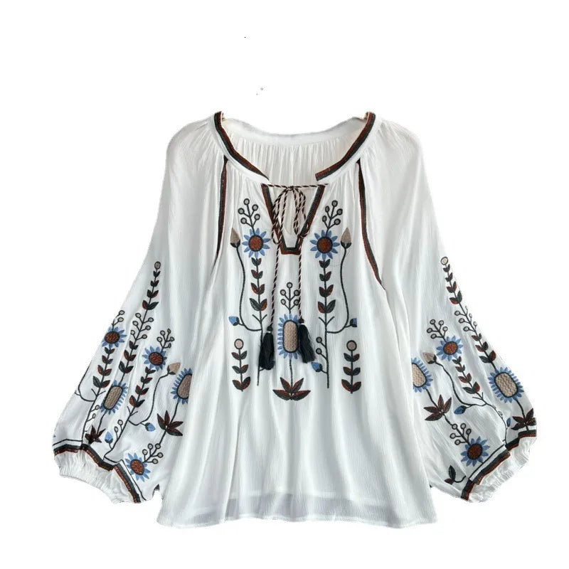 TEELYNN BOHO blouse cotton floral embroidered blouses tassel long lantern sleeve loose Casual hippie women tops blouse and shirt 210315