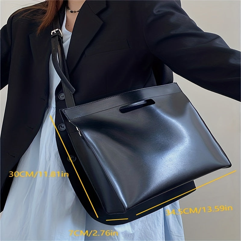 Minimalist Solid Color Commuter Bag, All-Match Satchel Document Bag, PU Leather Shoulder Bag