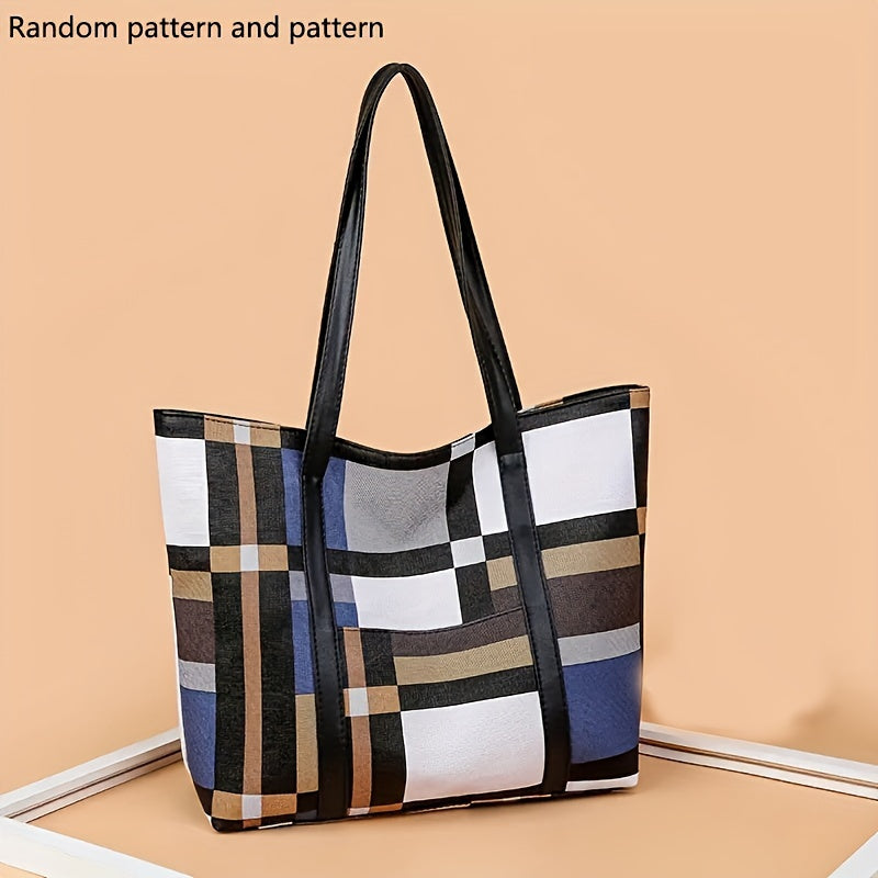 Fashion Plaid Print Tote Bag, Large Capacity Shoulder Bag, Women's Casual Handbag & Hobo Purse For Commute