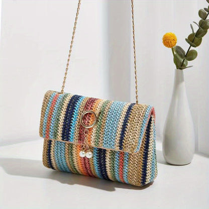 realaiot  Rainbow Straw Woven Beach Bag, Fashion Chain Crossbody Bag, Colorful Stripes Square Purse