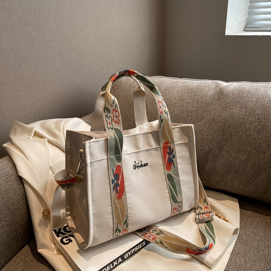 realaiot  Fashion Canvas Tote Handbag, Lightweight Shoulder Bag With Detachable Flower Print Strap