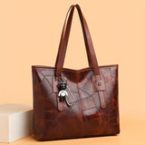 realaiot  Vintage Stitching Patchwork Tote Bag, Large Capacity Shoulder Bag, Women's PU Leather Handbag