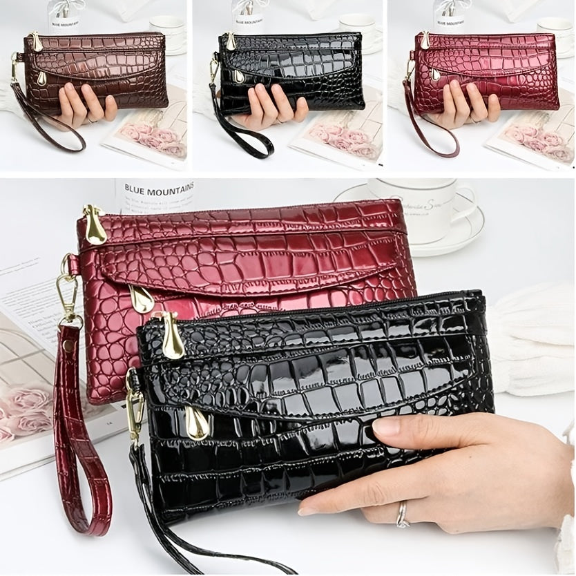 realaiot Crocodile Embossed Clutch Wallet, Women's Long Zipper Hand Bag For Coin & Card, Purse With Wristlet