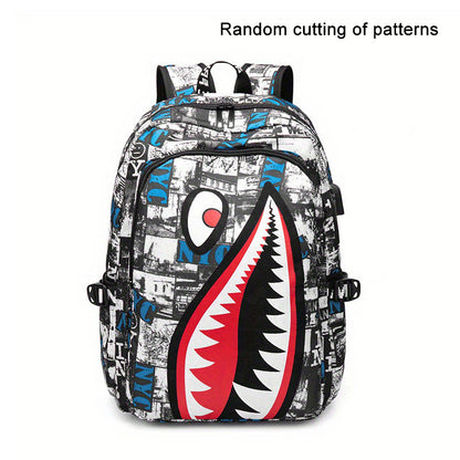 Shark Pattern Backpack, Trendy Nylon Student School Bag, Lightweight Travel Bookbag With USB Charging Port