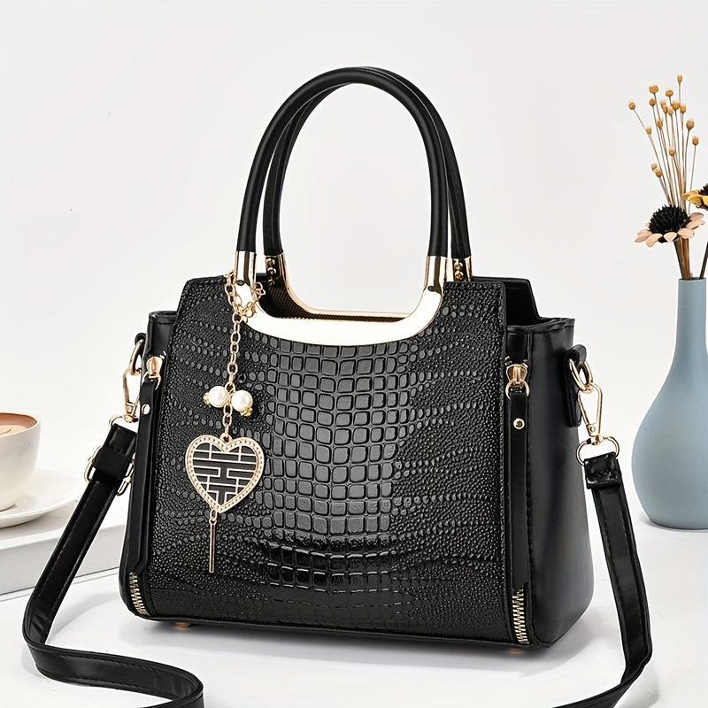 Heart Charms Decor Handbag, Stylish Crossbody Bag For Women, Elegant Glossy Satchel Purse