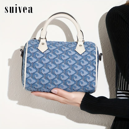 Western Style Blue Geometric Pattern Boston Handbag, Classic Versatile Zipper Satchel Bag For Women