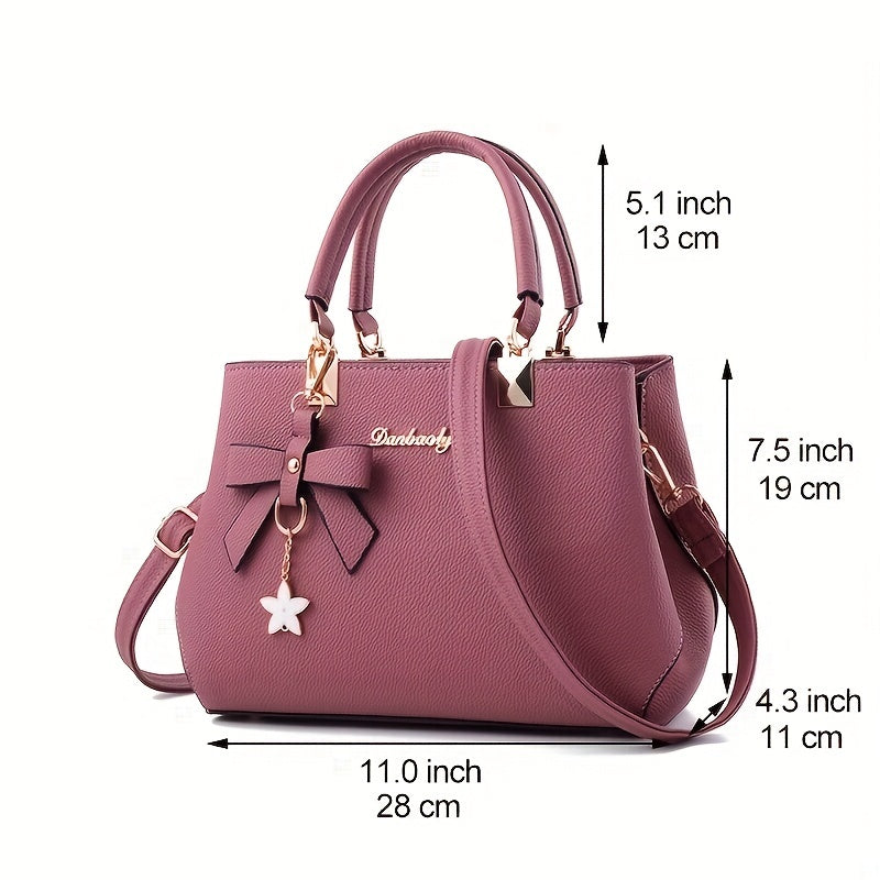 realaiot  Letter Decor Handbag, Women's PU Leather Crossbody Bag, Top Handle Purse With Bag Charm