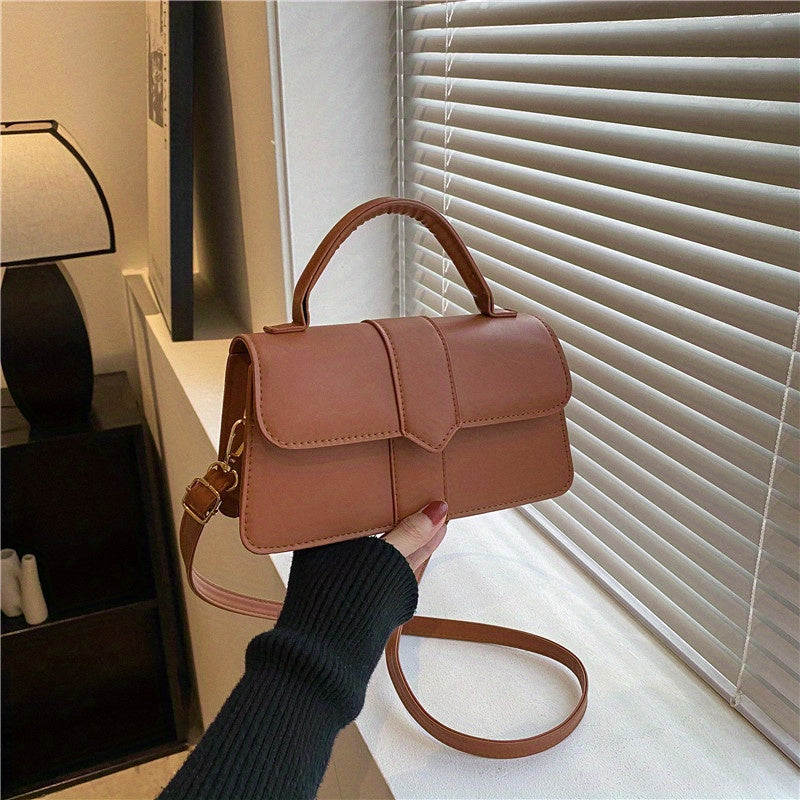 realaiot  Retro Solid Color Crossbody Bag, Fashion Casual PU Leather Square Handbag, Women's Simple Versatile Shoulder Bag & Purse