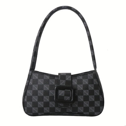 Checkered Texture Shoulder Bag, Retro Style Underarm Purse, Trendy Buckle Decor Handbag For Women