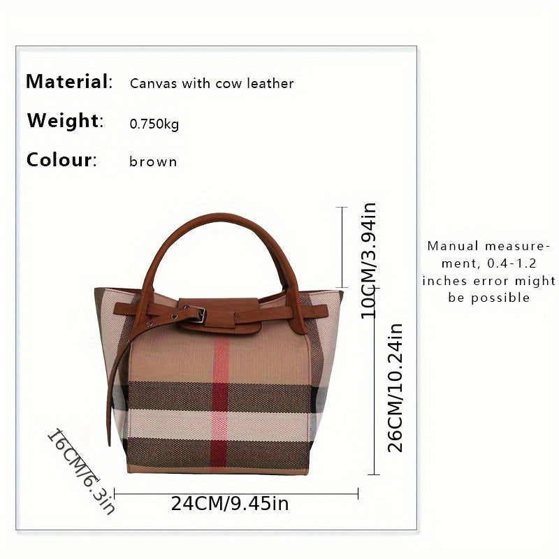 realaiot Genuine Leather Plaid Pattern Handbag, Luxury Crossbody Bag, Trendy Classic Design Purse For Women