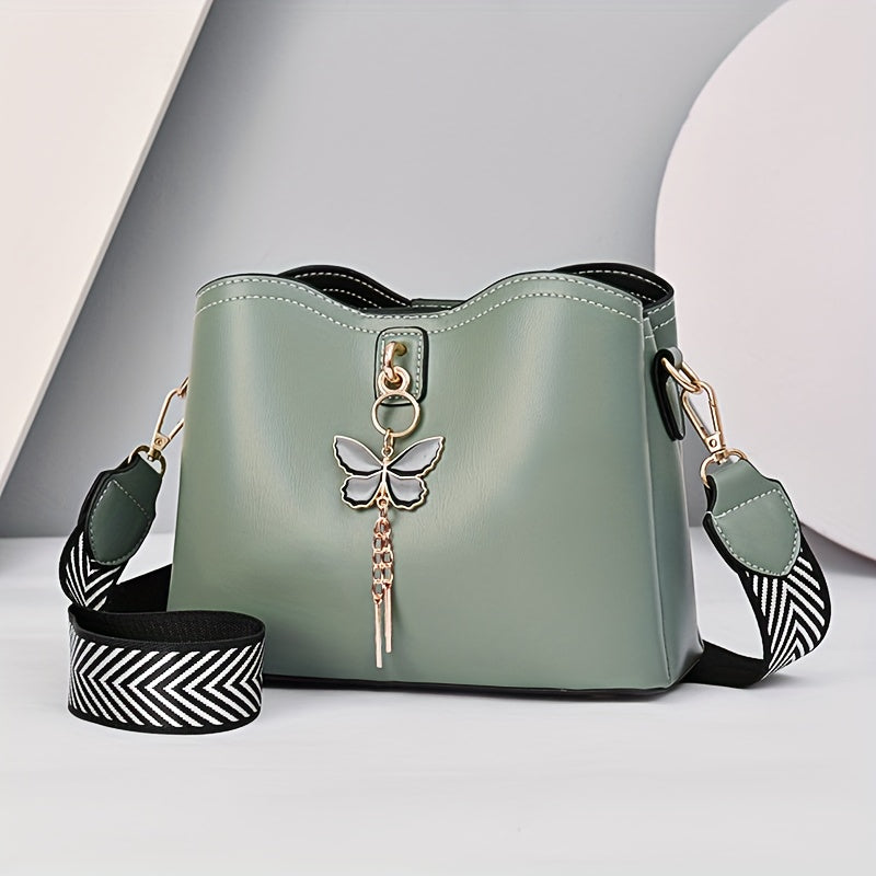 Butterfly Decor Crossbody Bag, Fashion Solid Color Bucket Bag, Women's Shoulder Bag With Wide Strap