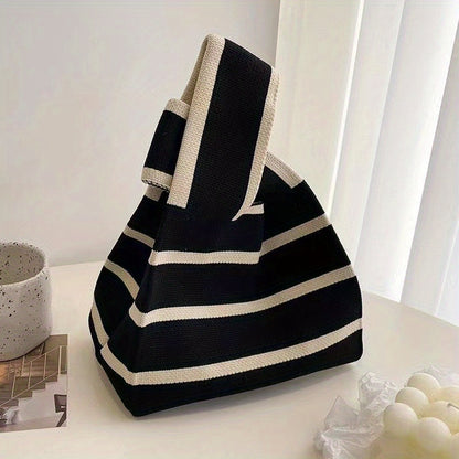 realaiot  Striped Print Knitted Handbag, Foldable Portable Casual Handbag, Double Handles Crochet Bag