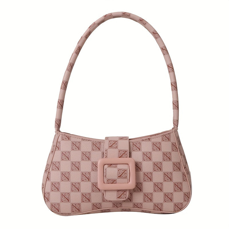 Checkered Texture Shoulder Bag, Retro Style Underarm Purse, Trendy Buckle Decor Handbag For Women