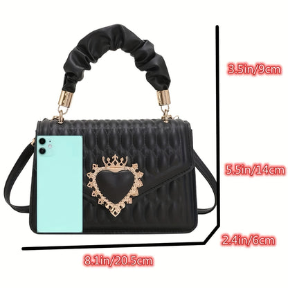 realaiot  Stylish Quilted Crossbody Bag, Crown Heart Decor Handbag, Women's Ruched Handle Square Purse Valentine's Day gift