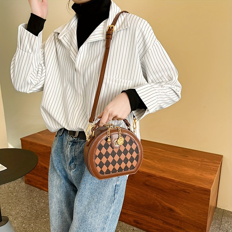 realaiot  Mini Rhombus Pattern Handbag, Retro Round Crossbody Bag, Women's Zipper Shoulder Purse