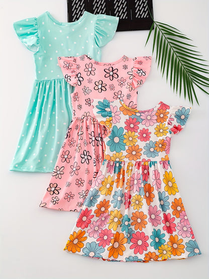 3pcs Girls Summer Floral Ruffle Dress Set - Adorable Print, Playful Ruffles, Lightweight Short Sleeves for Stylish Outfits