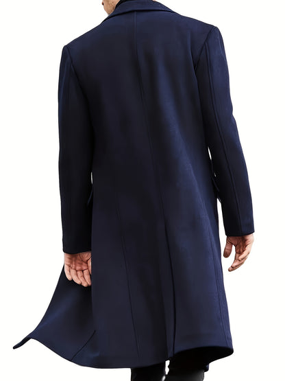 Men's Plus Size Fleece-Lined Trench Coat - Solid Color, Business Casual Style with Lapel Collar for Fall/Winter, PLUS SIZE