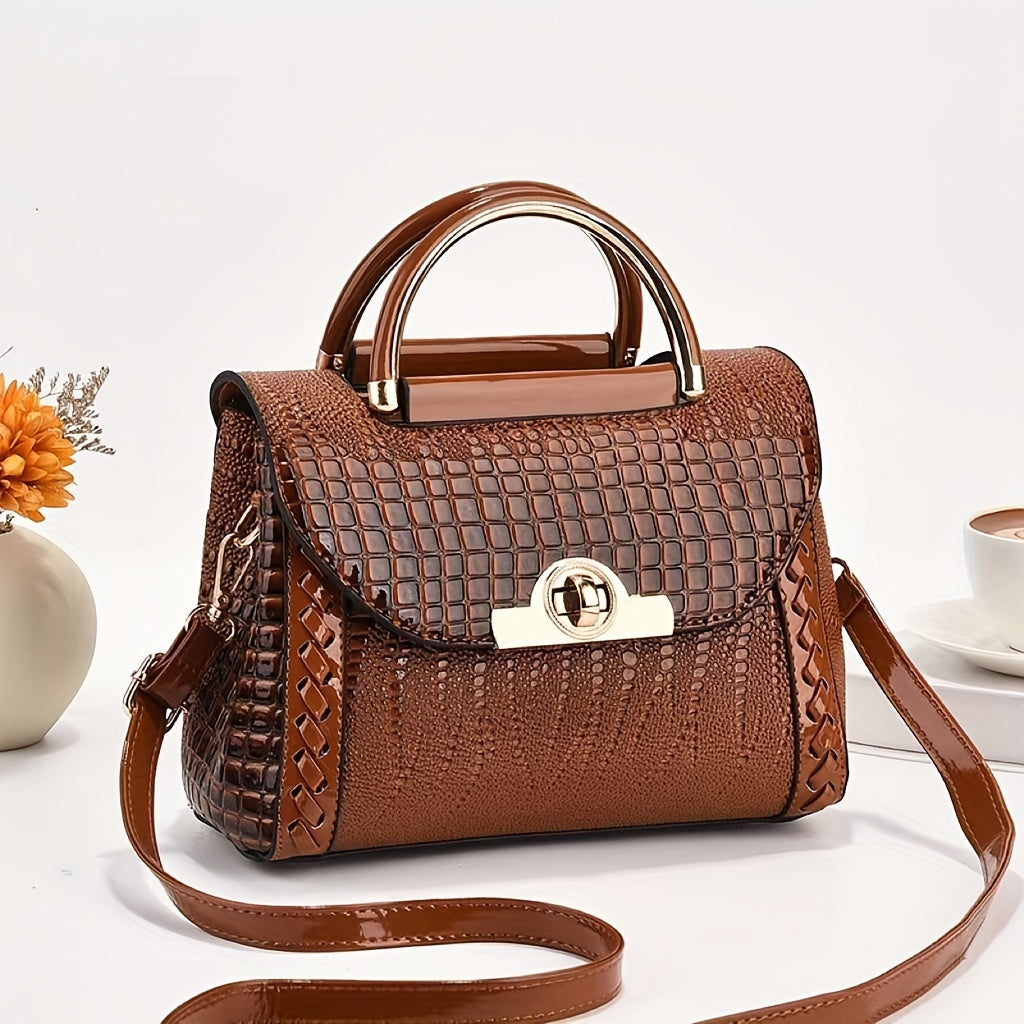 Classic Solid Color Mini Square Shoulder Bag, Crocodile Pattern Top Handle Bag For Women