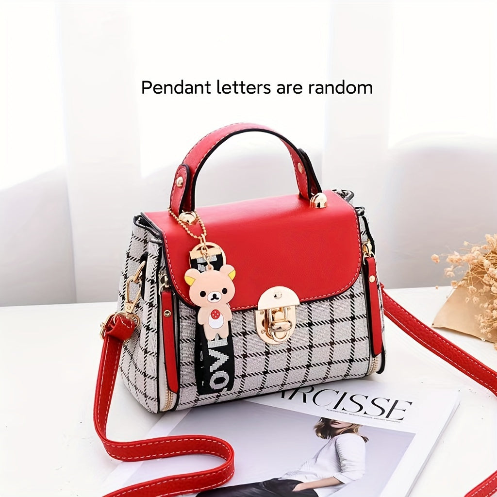 realaiot  Classic Plaid Pattern Handbag, Women Mini Crossbody Bag, Fashion Top Handle Buckle Flap Purse