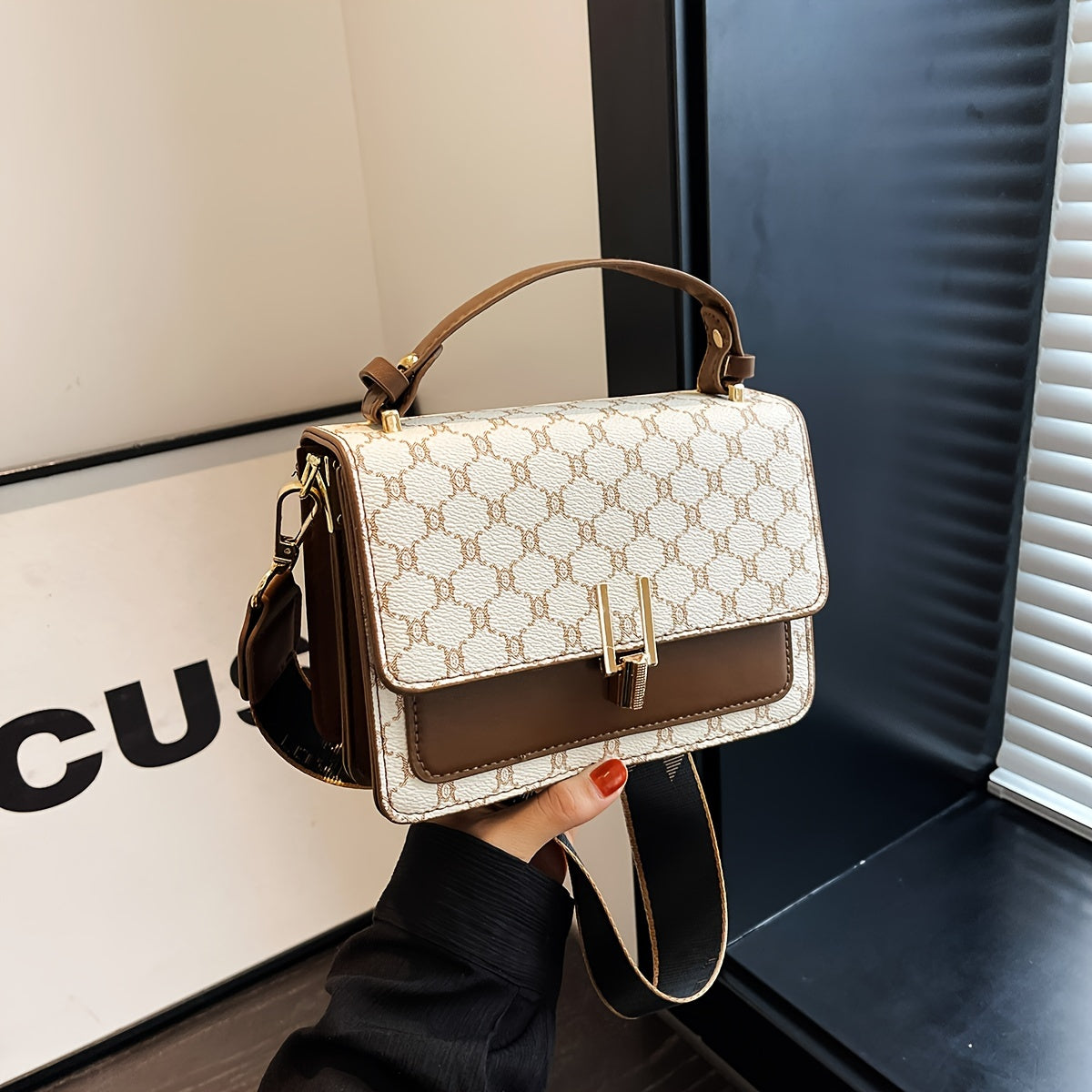 Trendy Classic Pattern Mini Square Shoulder Bag, Colorblock Textured Crossbody Bag With Wide Strap