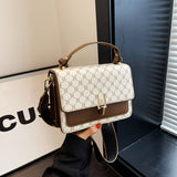realaiot  Trendy Classic Pattern Mini Square Shoulder Bag, Colorblock Textured Crossbody Bag With Wide Strap