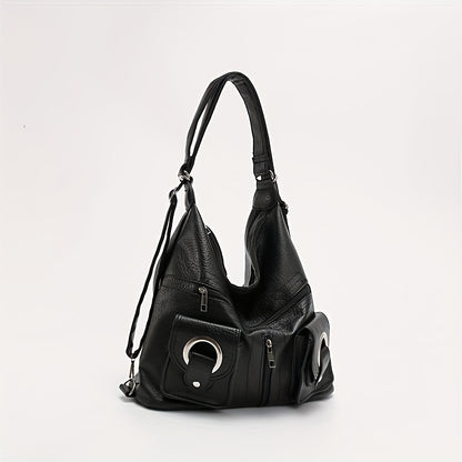 Vintage PU Soft Leather Hobo Bag, Trendy Convertible Backpack, Large Capacity Shoulder Bag For Women