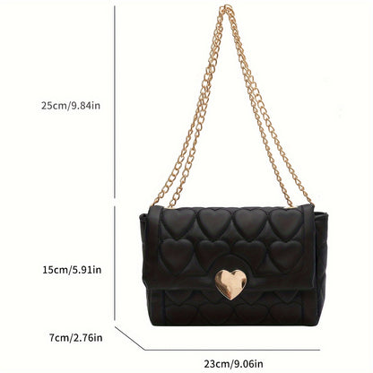 realaiot  Heart Quilted Trendy Shoulder Bag, Solid Color Flap Versatile Underarm Bag, Chain Strap PU Leather Magnet Stylish Crossbody Bag