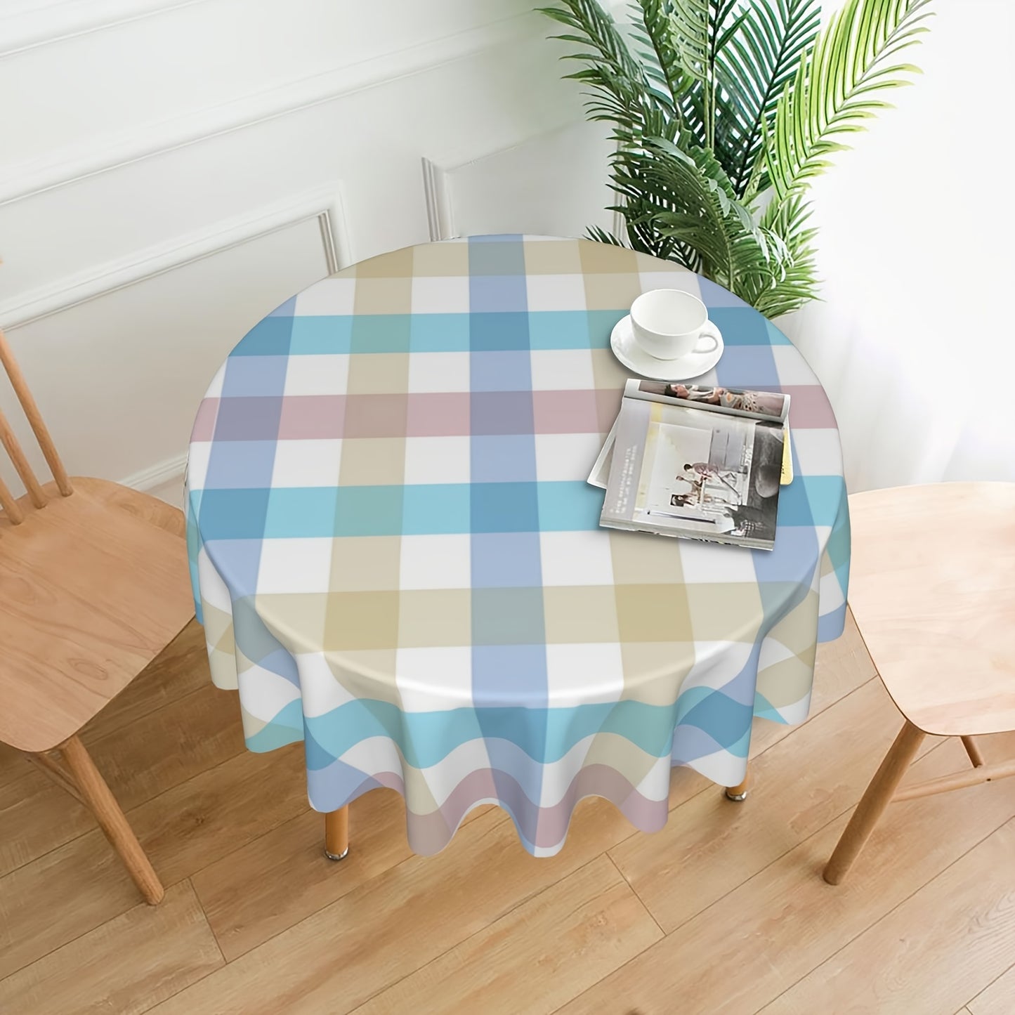 1 Pc Vibrant Multicolor Spring Easter Plaid Round Tablecloth - Rustic Rainbow Fabric Tablecloths for Holiday, Home Party, Wedding, Picnic - Wrinkle Resistant, Washable, Easy Care, Farmhouse Style, Checkered Pattern, Holiday Table Covers