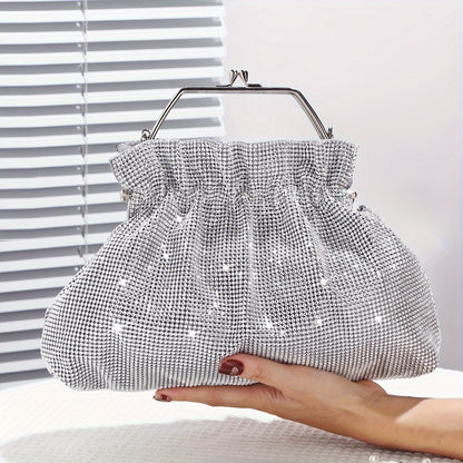 realaiot  Rhinestone Ruched Evening Bag, Luxury Bling-Bling Clutch Purse, Women's Dress Handbag For Wedding Party Prom Banquet