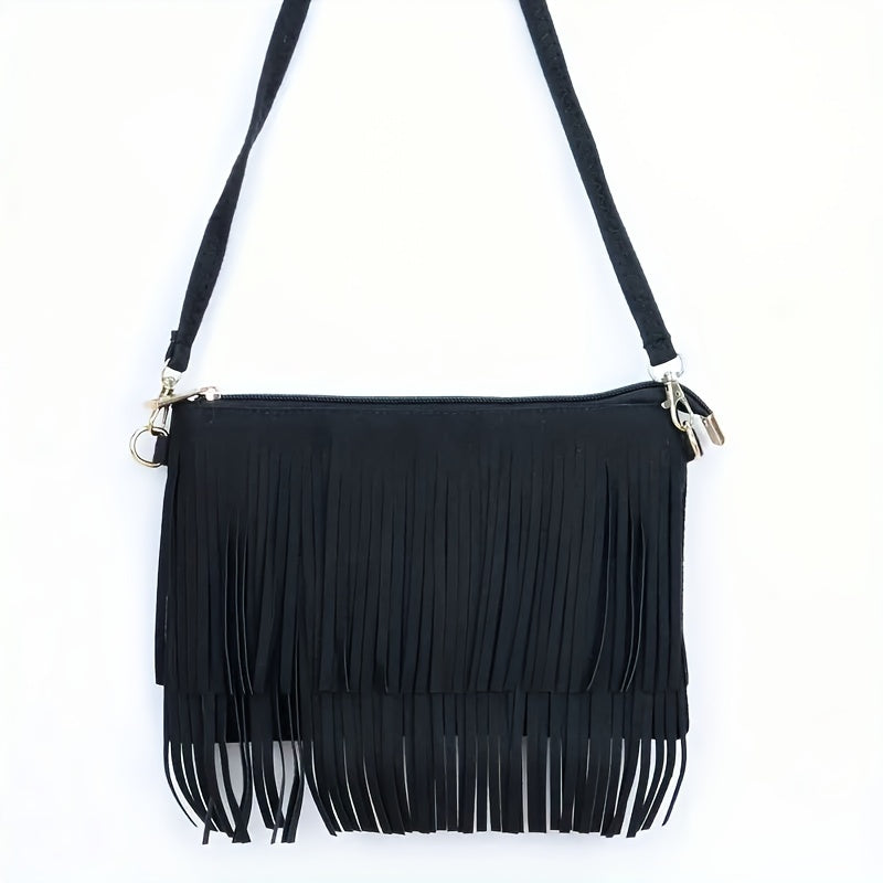 realaiot  Retro Tassel Crossbody Bag, Women's Versatile Shoulder Bag, Boho Style Fringe Square Purse