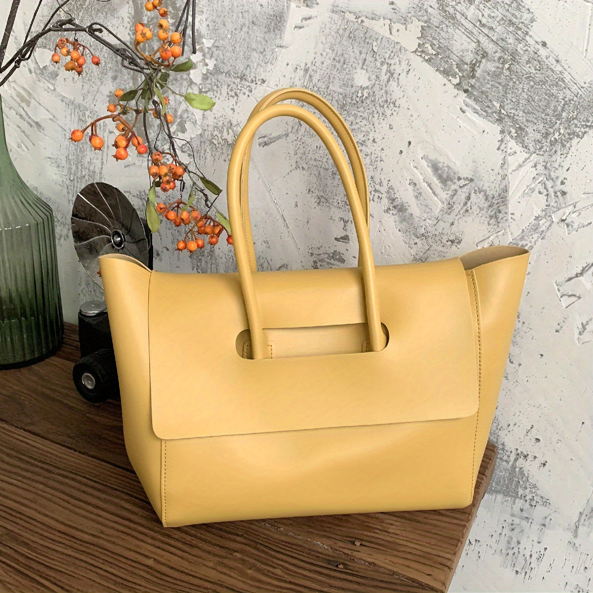 Large Capacity Tote Bag For Women, Vegan Leather Satchel Purse, Simple Solid Color Shoulder Bag For Shopping & Commuting