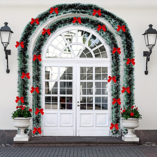 16.4ft Festive Christmas Garland with Red Bow Ties - Dark Green Aluminum Foil Wire, Perfect for Tree Decoration & Holiday Decor, Indoor/Outdoor Use