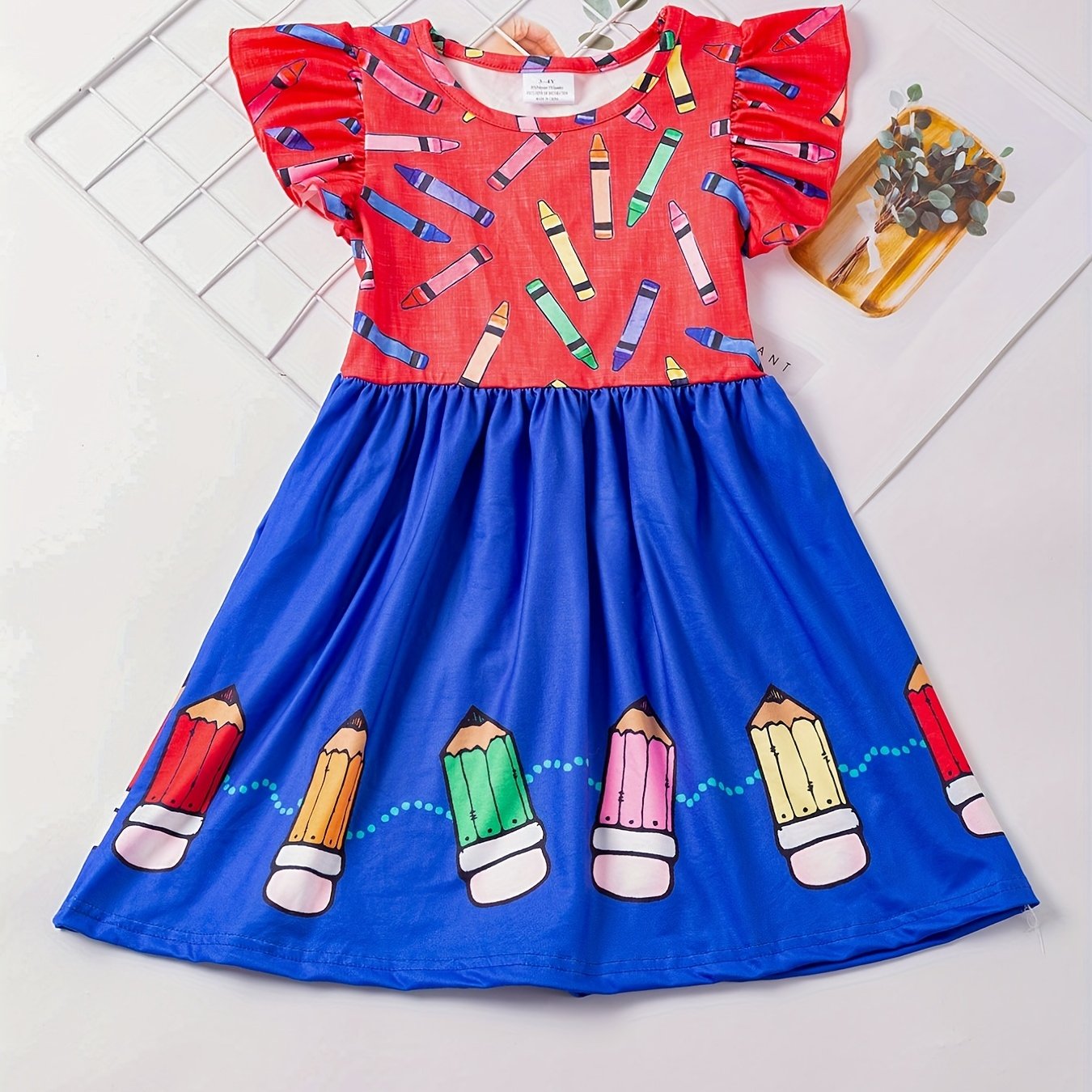 Toddler Girls Ruffle Trim Colorful Crayon Graphic Princess Dress For Back To School Season Party, Cute Kids Summer Clothes