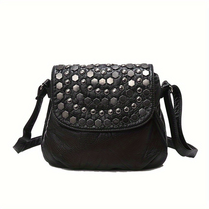 realaiot  Retro Style Mini Rivets Decor Flap Square Shoulder Bag, Classic Black Novelty Crossbody Bag For Women