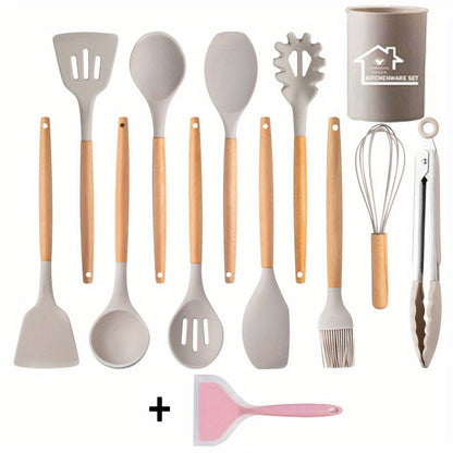 3/13/33pcs Wooden Handle Silicone Kitchenware Silicone Spoon Shovel Kitchen Gadgets Set Kitchen Cooking Tools Back To School Supplies