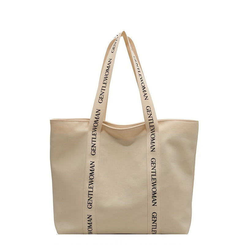 realaiot  Simple Canvas Tote Bag, Casual Preppy Style School Handbag, Letter Strap Shoulder Bag For Going Out