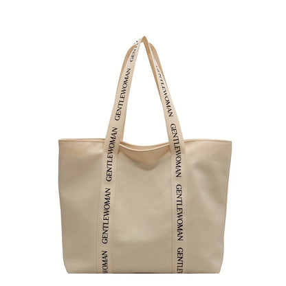 realaiot  Simple Canvas Tote Bag, Casual Preppy Style School Handbag, Letter Strap Shoulder Bag For Going Out