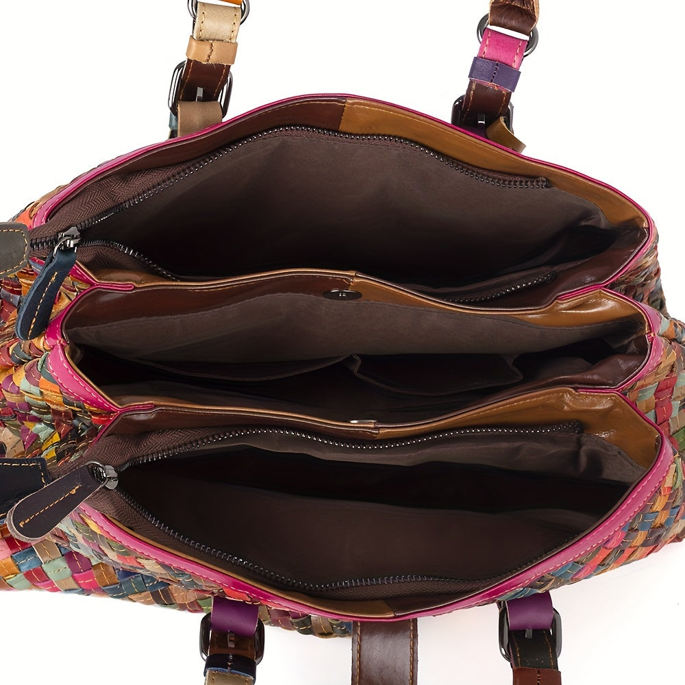 realaiot  Colorblock Top Handle Tote Bag, Vintage Genuine Leather Satchel, Women's Retro Woven Handbag & Shoulder Purse
