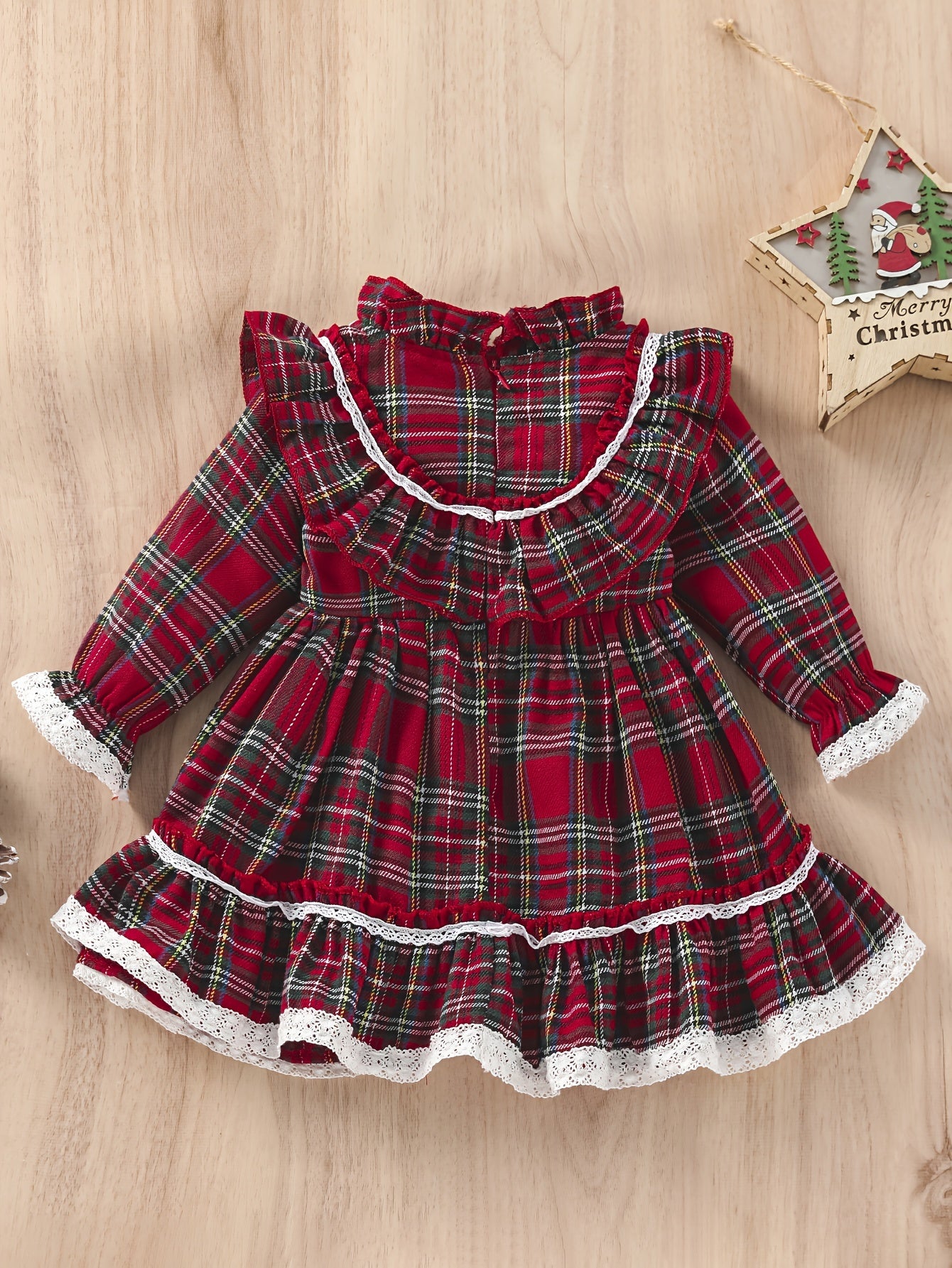 Toddler Girls' Cute Cotton Blend Plaid Dress with High Neck and Ruffle Details, Woven Non-Stretch Fabric, Perfect Fall Season Princess Puff Dress for Christmas Events