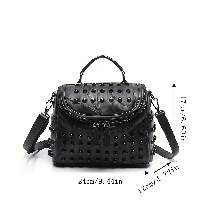 realaiot  Steampunk Rivet Crossbody Bag, Trendy Mini Handbag For Women, Gothic PU Leather Square Purse