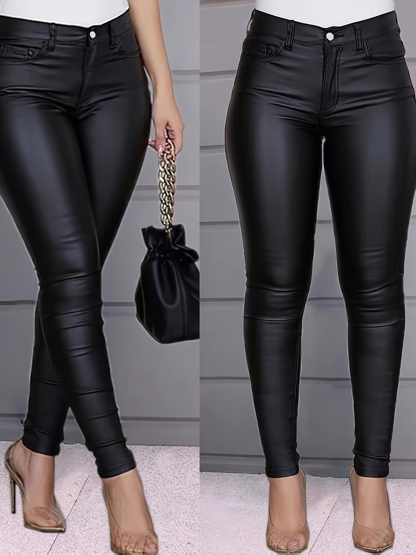 realaiot  Black Leather Look Skinny Jeans, High Stretch Slim Fit Chic Tight Jeans, Women's Denim Jeans & Clothing