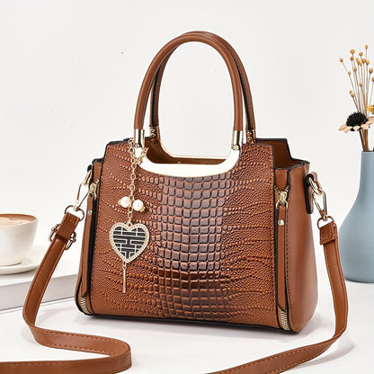 Heart Charms Decor Handbag, Stylish Crossbody Bag For Women, Elegant Glossy Satchel Purse