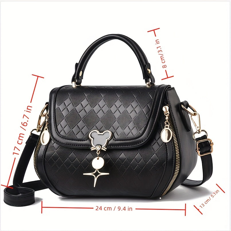 Portable Top Handle Handbag, Plaid Pattern Flap Shoulder Bag, Megnet Zipper PU Leather Crossbody Bag